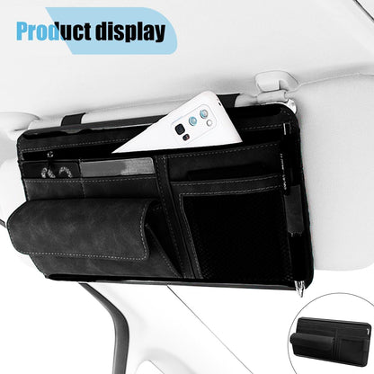 Suede Car Sun Visor Organizer with Multi-Pocket Net Zipper, Glasses Case, Sunglass Holder (Grey)