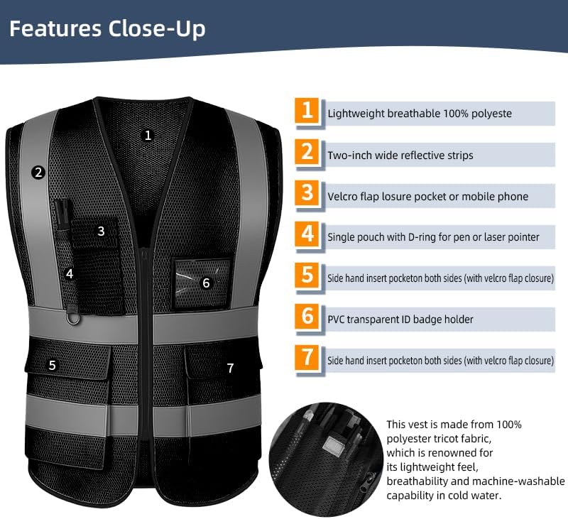 Reflective Safety Vest for Women Men High Visibility Security With Pocket Zipper Front Meet ANSI/ISEA Standard