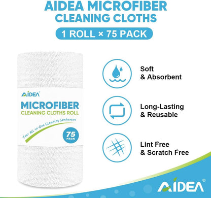 AIDEA Microfiber Cleaning Cloth Roll, Grey 75PK, Reusable Paper Towels Tear Away Cloth, Microfiber Towels for Cars, Wash Cloths, Lint Free Rags for House, Kitchen,Window,Cleaning Supplies 11.5"×11.5"