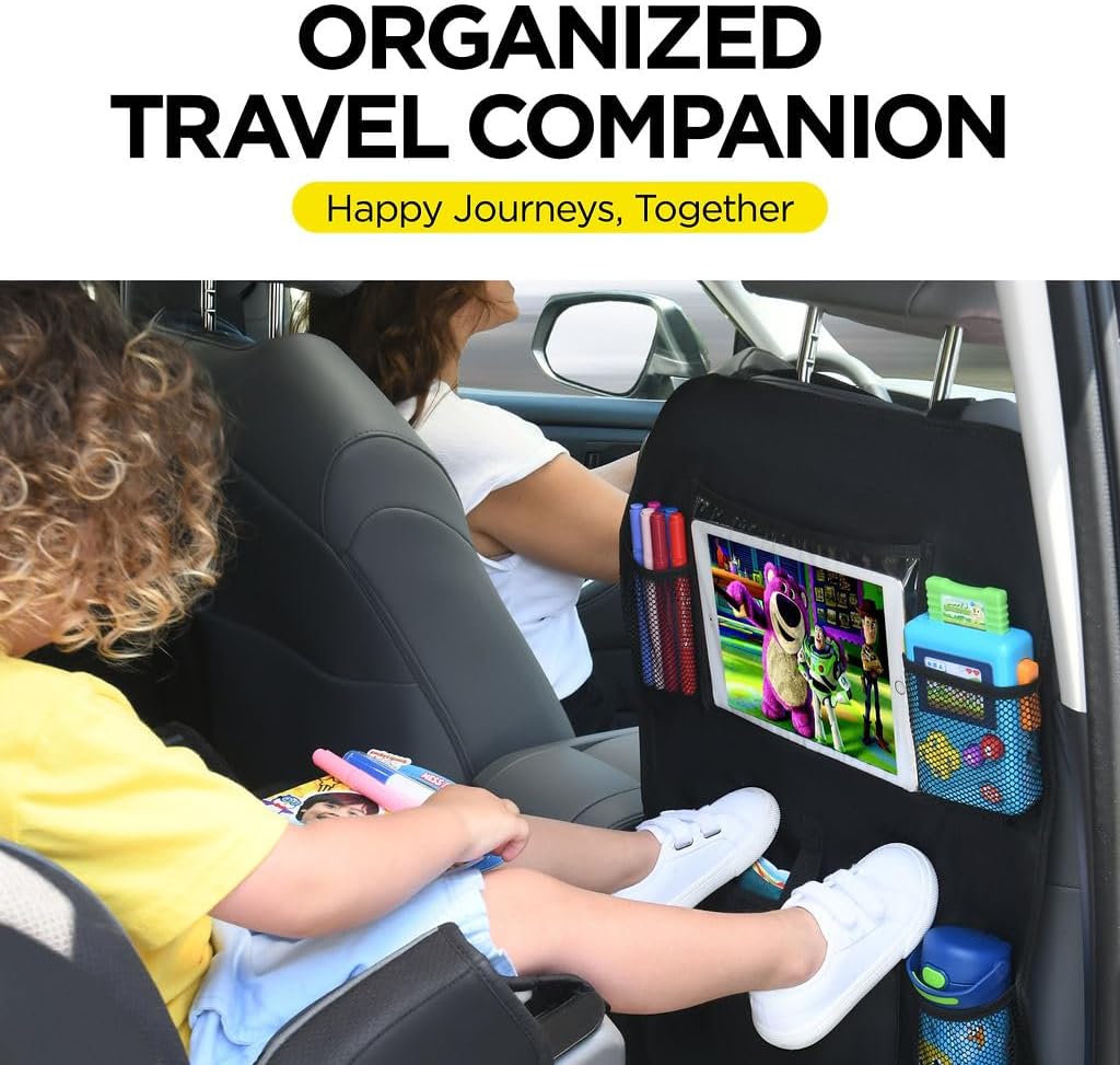 lebogner Back Seat Cover For Kids + 3 Pocket Storage Organizer, 2 Pack X-Large Waterproof Kick Mats Backseat Protector, Car Seat Back Protectors For Vehicles To Protect From Dirt, Mud & Scratches