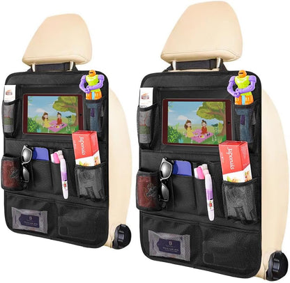 Backseat Car Organizer, 2 Pack Kick Mats Back Seat Protector with Touch Screen Tablet Holder, 9 Storage Pockets for Travel Accessories & Toys, Waterproof & Easy-Clean Black Protector