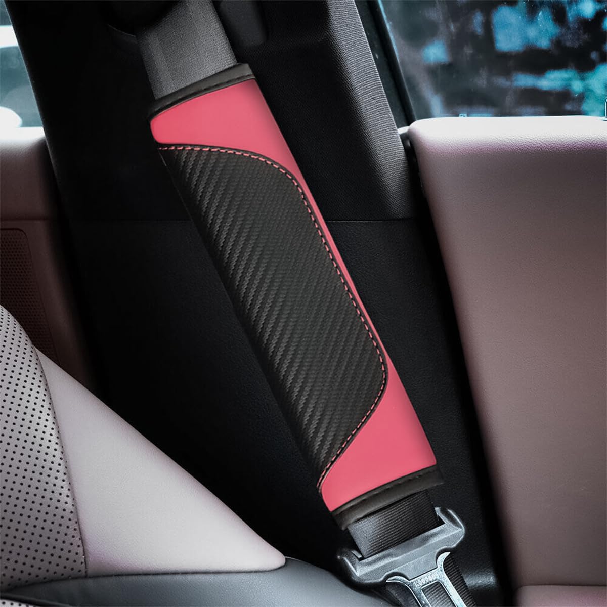 AUCELI 2PCS Car Seat Belt Cover, Carbon Fiber Seatbelt Shoulder Strap Covers, Breathable Leather Soft Harness Pad Protect Your Neck and Shoulder Compatible with Cars