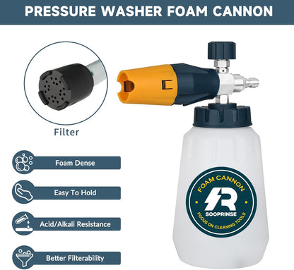 Sooprinse Short Pressure Washer Gun With Foam Cannon, High Pressure Snow Foam Lance, 1/4 Inch Quick Connector, Power Washer Blaster, Car Wash Mitt, 3000 PSI, 1 Liter