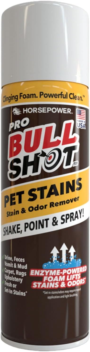 Bull Shot Pet Pro Stain Remover, AS SEEN ON TV, Urine & Odor Emulsifier, Enzyme-Powered Professional Strength Foam for Urine, Feces, Vomit, Odors, Dirt On Carpet, Area Rugs, Upholstery, Old Stains