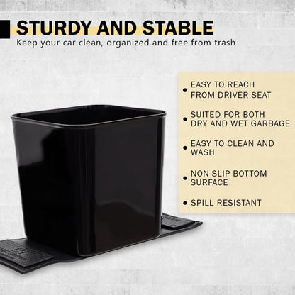 Car Trash Can for Vehicles Leakproof Compact Garbage Bin w/Stability Flap, Anti-Slip Base, Portable Trash Holder for Cars, Trucks, SUVs, Minivans (Black, Large)