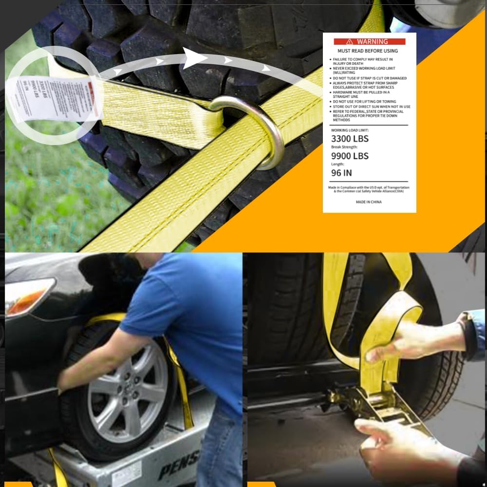 Heavy Duty Car Tie Down Straps (4PK) - 2" x 96" - 3,300 lbs Safe Working Load - Wheel Straps Comes with 5/16" Tow Hooks (Green)