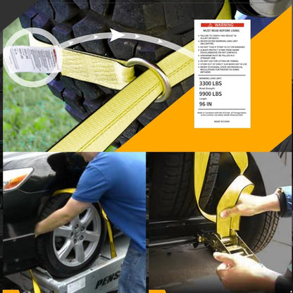 Heavy Duty Car Tie Down Straps (4PK) - 2" x 96" - 3,300 lbs Safe Working Load - Wheel Straps Comes with 5/16" Tow Hooks (Green)