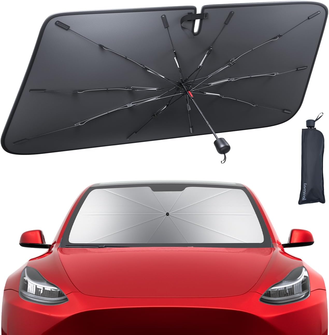 Lamicall Car Windshield Sunshade Umbrella - Foldable Car Windshield Sun Shade Cover, 5 Layers UV Block Coating, 52"x31" Front Window Heat Insulation Protection, for Auto Sedan, SUV Windshield