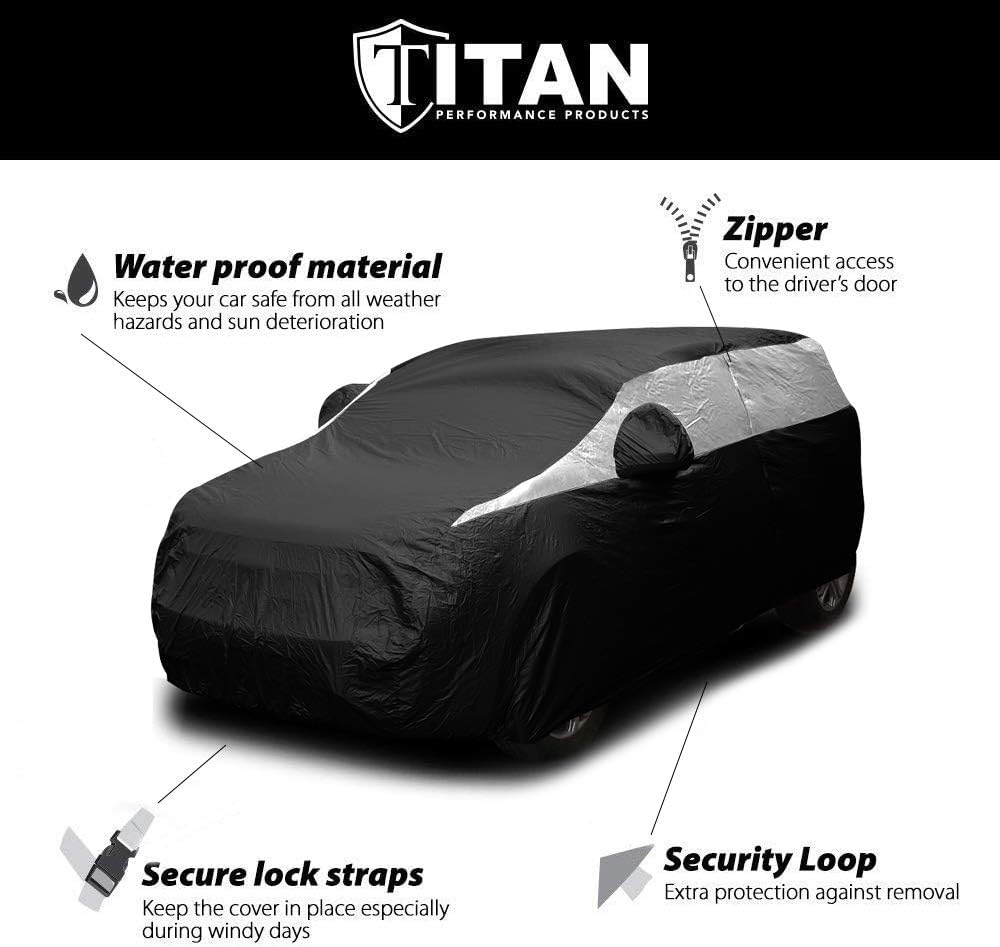 Titan Jet Black Poly 210T Car Cover for Sedans 186-202". Waterproof, UV Protection, Scratch Resistant, Driver-Side Zippered Opening. Fits Camry, Accord and More.
