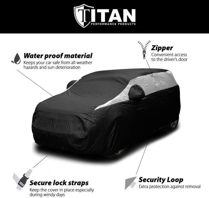 Titan Jet Black Poly 210T Car Cover for Sedans 186-202". Waterproof, UV Protection, Scratch Resistant, Driver-Side Zippered Opening. Fits Camry, Accord and More.