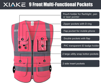 XIAKE 9 Pockets Class 2 High Visibility Reflective Safety Vest for Men Women,Meets ANSI/ISEA Standard