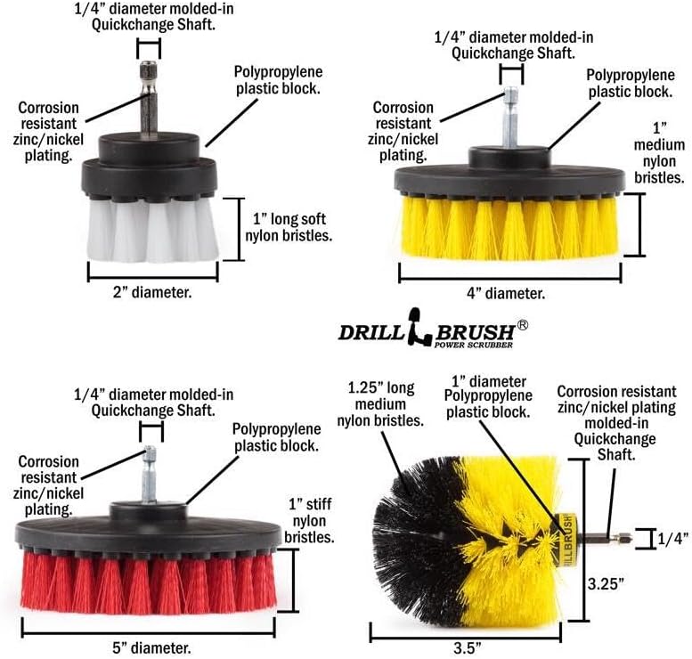 Interior Car Detailing Drill Brush Set - Soft Bristle Power Scrubber Attachments for Cleaning Car, Truck, Upholstery, Carpet, Leather, Seats, Wheels, Rims, Dash, Console, & Trim - Nylon Auto Scrubber