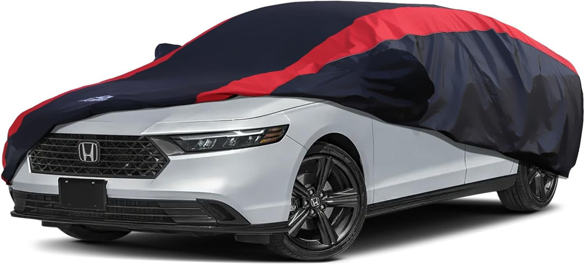 Car Cover Waterproof All Weather Protection with Red Stripe Design, Universal Fit Toyota Camry Solara, Ford Fusion, Kia Stinger Optima, Nissan Maxima, VW Passat, Subaru Legcy
