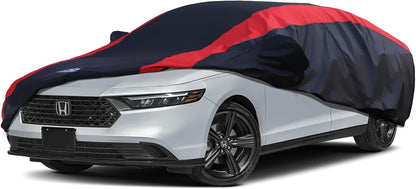 Car Cover Waterproof All Weather Protection with Red Stripe Design, Universal Fit Toyota Camry Solara, Ford Fusion, Kia Stinger Optima, Nissan Maxima, VW Passat, Subaru Legcy