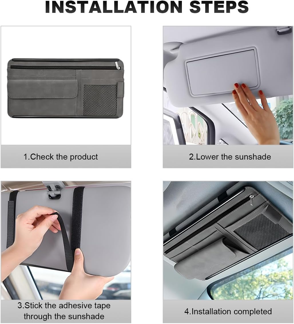 Car Sun Visor Organizer, Leather Sun Visor Pocket Organizer Case with Multi-Pocket Net Zipper, Suede Note Holder Car Visor Storage Pouch for Card Pen Sunglasses Document (Gray)
