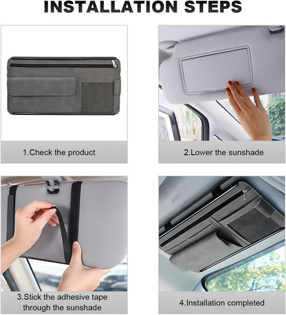 Car Sun Visor Organizer, Leather Sun Visor Pocket Organizer Case with Multi-Pocket Net Zipper, Suede Note Holder Car Visor Storage Pouch for Card Pen Sunglasses Document (Gray)