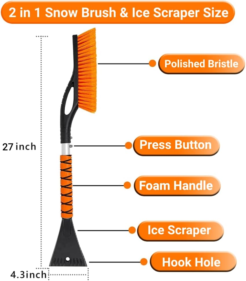 27" Snow Brush and Ice Scrapers for Car Windshield, Car Accessories for Men Detachable Snow Scrapers with Ergonomic Foam Grip for Cars, Trucks, SUVs