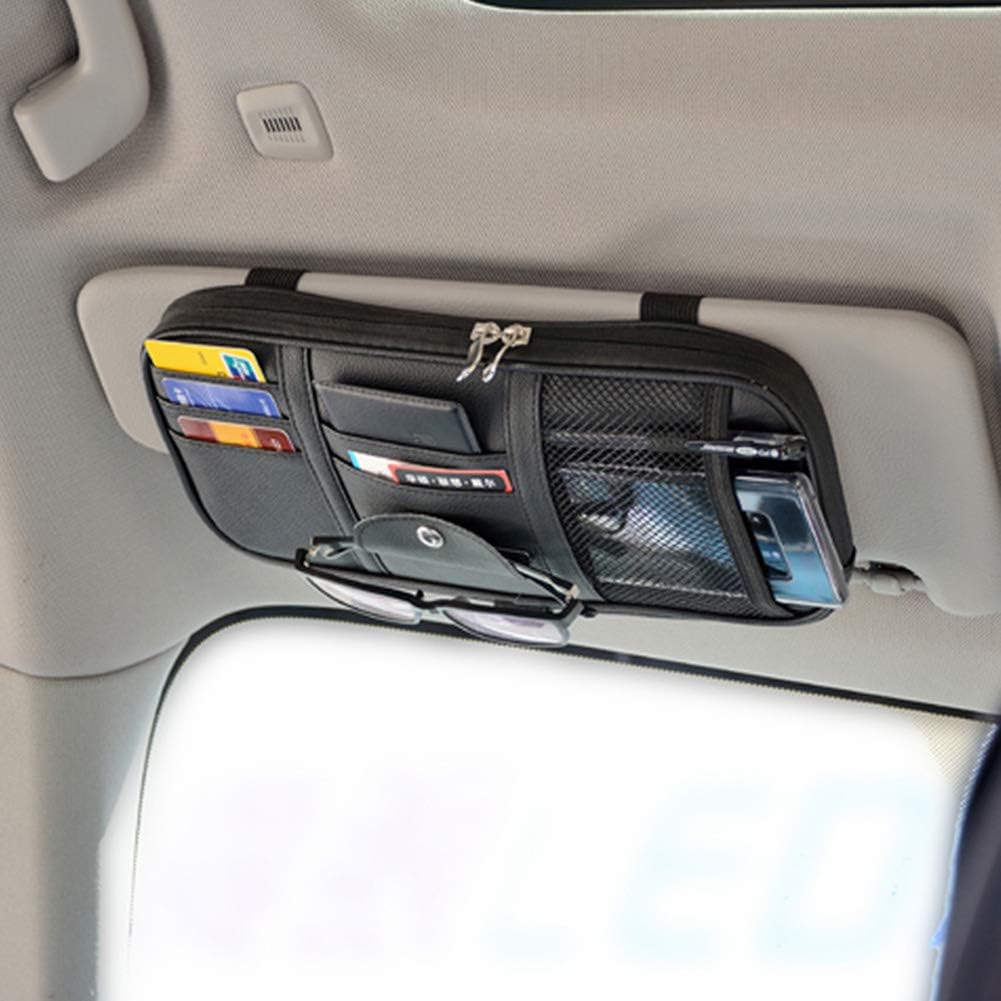 Car Sun Visor Organizer, Auto Interior Accessories Pocket Organizer - Car Truck SUV Storage Pouch Holder, with Multi-Pocket Net Zipper (Black)