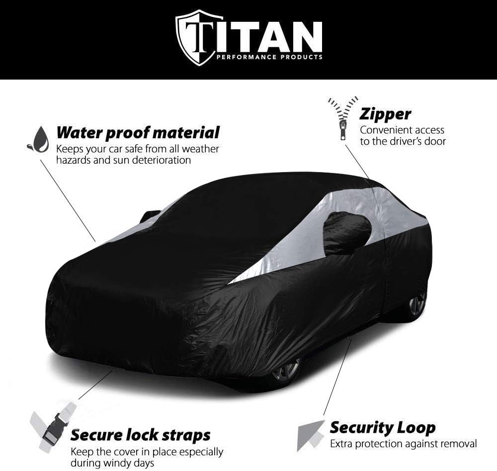 Titan Jet Black Poly 210T Car Cover for Sedans 186-202". Waterproof, UV Protection, Scratch Resistant, Driver-Side Zippered Opening. Fits Camry, Accord and More.