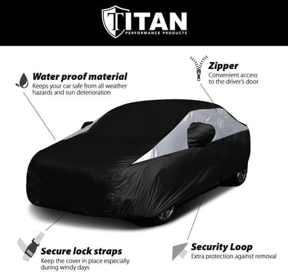 Titan Jet Black Poly 210T Car Cover for Sedans 186-202". Waterproof, UV Protection, Scratch Resistant, Driver-Side Zippered Opening. Fits Camry, Accord and More.