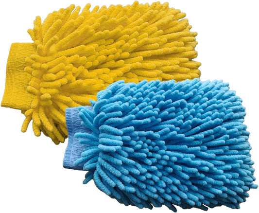 JOYCOURT 2PCS Microfiber Soft Chenille Car Wash Mitts, Scratch and Lint Free Car Dusting Glove, Double Sided Wash Mitt, Ultra Absorbent for Car Washing, Home Cleaning Mitt (Blue&Yellow)