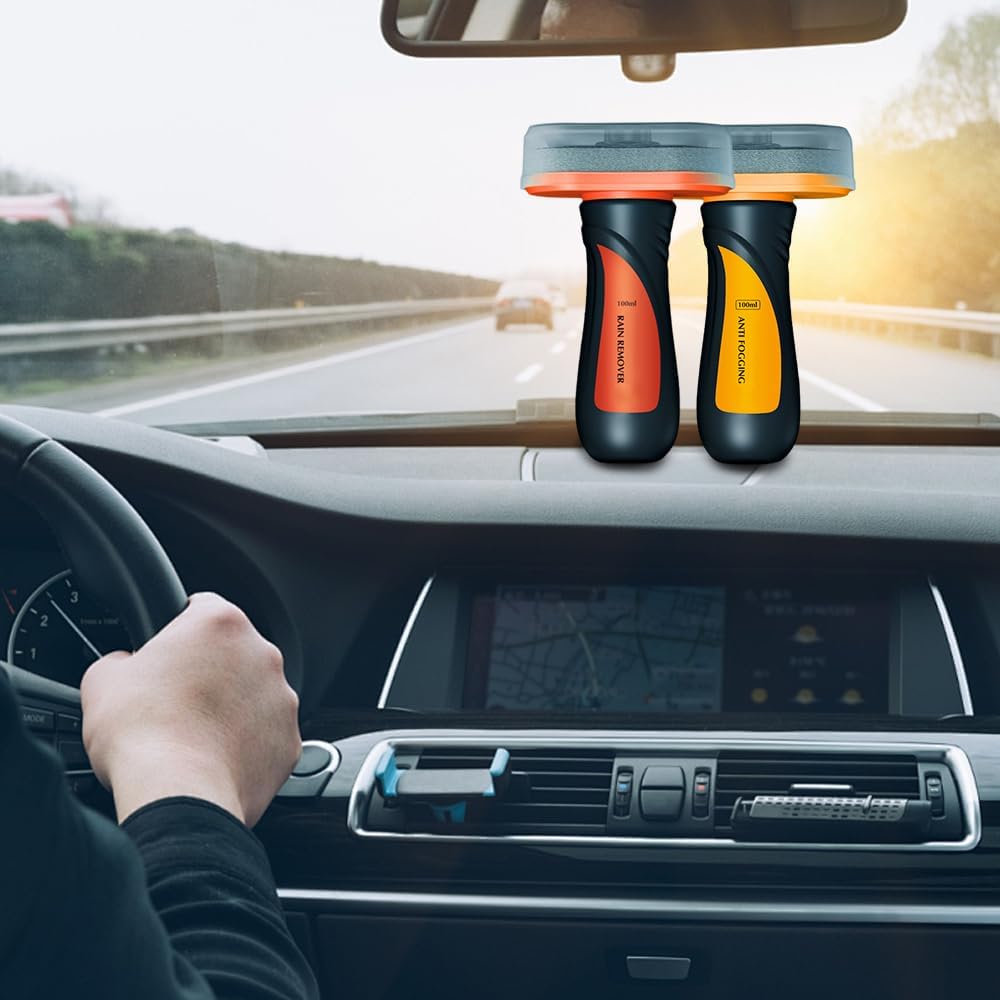 Pousbo 2PCS Glass Oil Film Remover for Car, Windshield Cleaner Tool for Automotive Windshield, Auto Glass Cleaner Emulsion for Rain and Anti-Fog, Streak Free Crystal Clear View (100ml Rain Repellent)