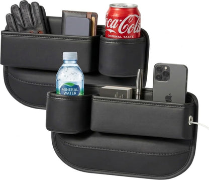 2-Pack Car Seat Gap Filler Organizer with Cup Holder - Premium Leather - Universal Fit - Keeps Cans/Phone/Keys/Wallets Organized