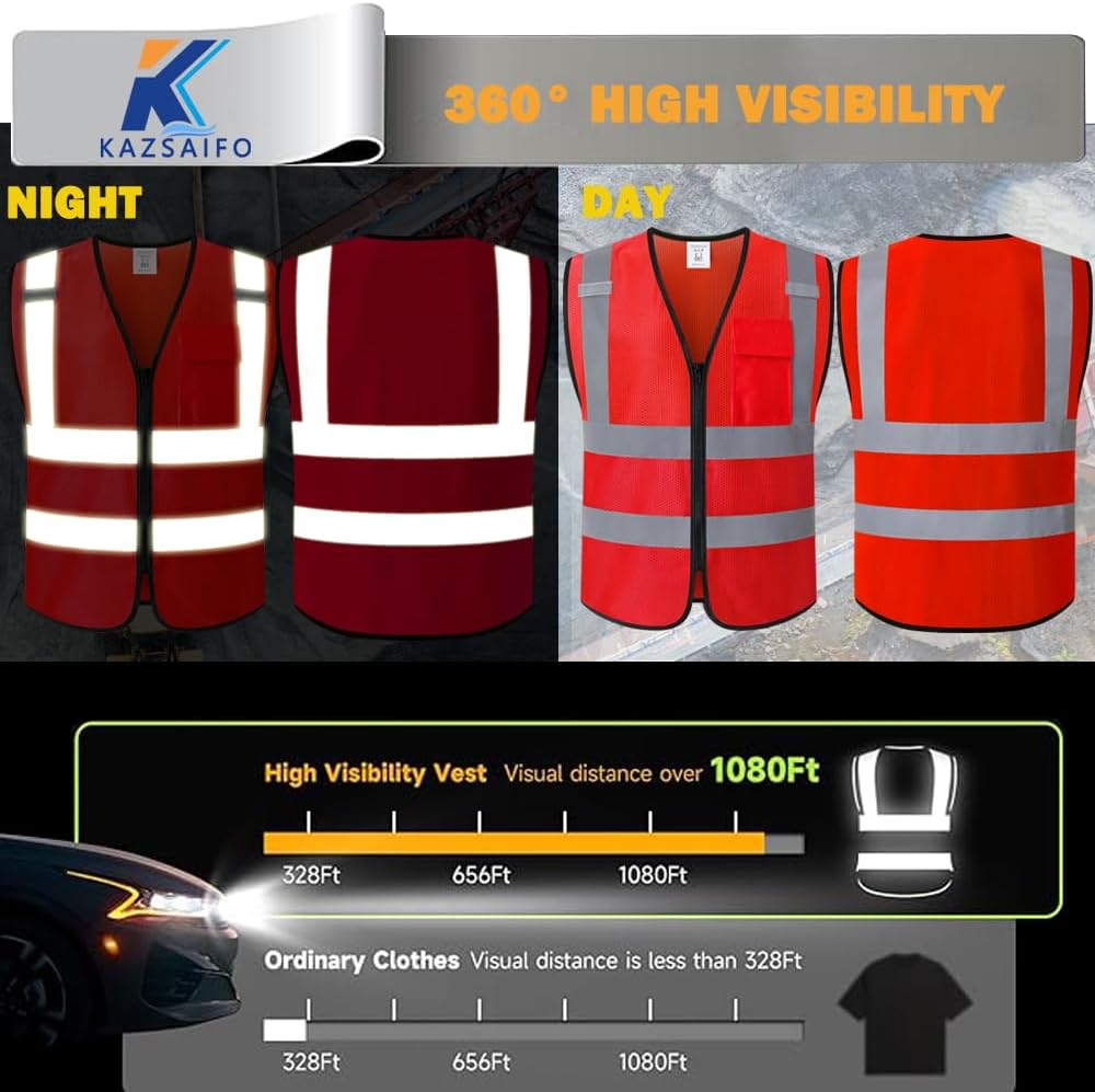 Hi Vis Reflective Safety Vest for Men Women with Chest Pocket Mesh High Visibility Class 2 Construction Vest,Meets ANSI/ISEA Standard(KZ179-Yellow-L)