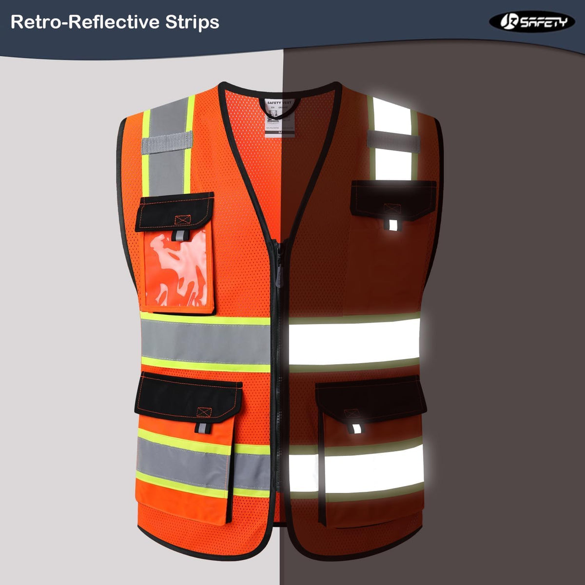 JKSafety Hi Vis Reflective Safety Vests for Men Women High Visibility Vest with Pockets Mesh Fabric Construction Safety Apparel Neon Vest for Work (220-Black L)