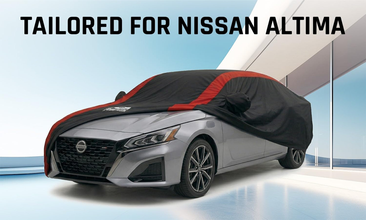 Car Cover Waterproof All Weather Protection with Red Stripe Design, Universal Fit Toyota Camry Solara, Ford Fusion, Kia Stinger Optima, Nissan Maxima, VW Passat, Subaru Legcy