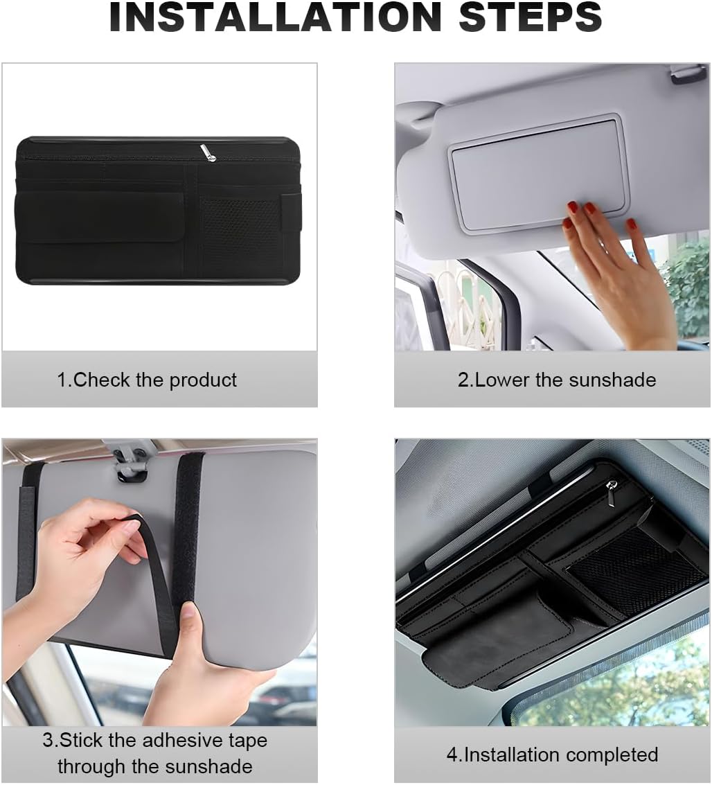 Car Sun Visor Organizer, Leather Sun Visor Pocket Organizer Case with Multi-Pocket Net Zipper, Suede Note Holder Car Visor Storage Pouch for Card Pen Sunglasses Document (Gray)