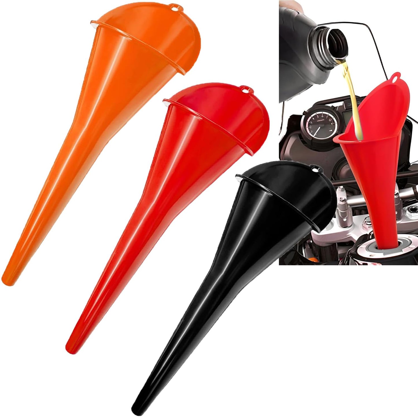 3-Pack Long-Neck Oil Funnels, 11" Multi-Purpose Funnels for Automotive & Motorcycle Use – Reusable Funnel for Oil, Gas & Transmission Fluid (Orange&Blue&Black)