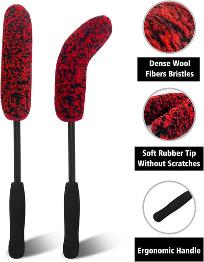 YeewayVeh 4Pack Car Wheel Cleaning Kit, Bendable Wheel Brush and Microfiber Rim Cleaner Brush, Tire Brush and Car Detailing Brush, Soft & No-Scratch Car Wheel Rim Brush Set for All Wheel Types, Red