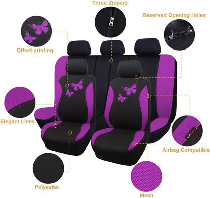 Flying Banner Butterfly car seat Covers ful Set Fashion Universal Lady Woman Female Rear Bench Split Colorized (Pink, 2 Fronts - Lace)