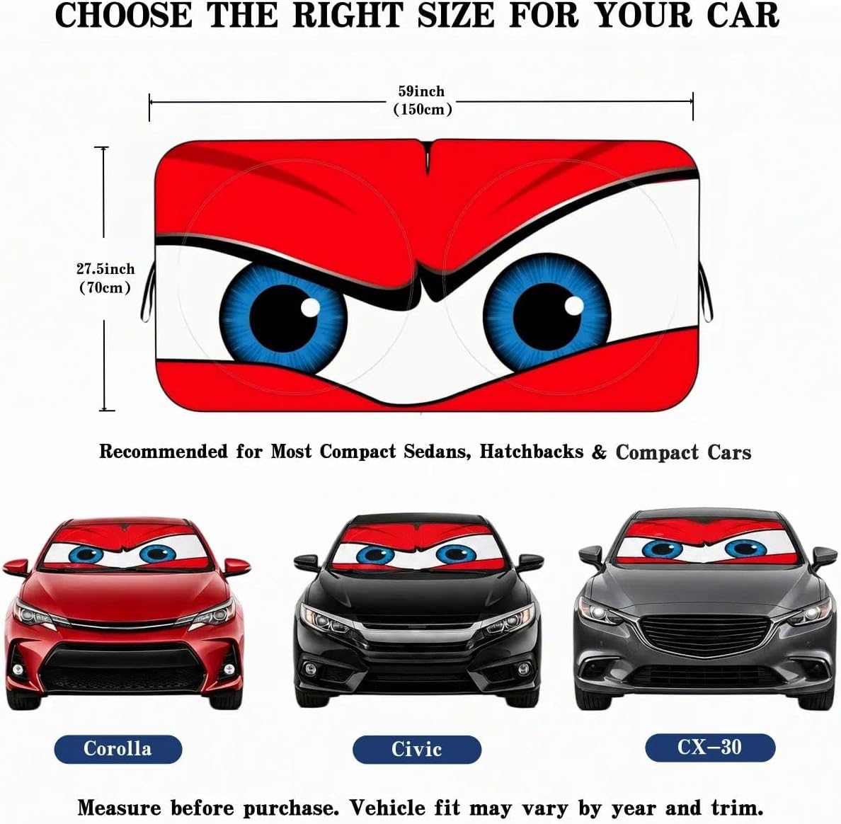 Car Windshield Sun Shade, Funny Cartoon Eyes Sun Visor for Car Windshield Universal Fits Sedan Compact Car Hatchback SUV, UV Heat Protection - 59 x 27.5