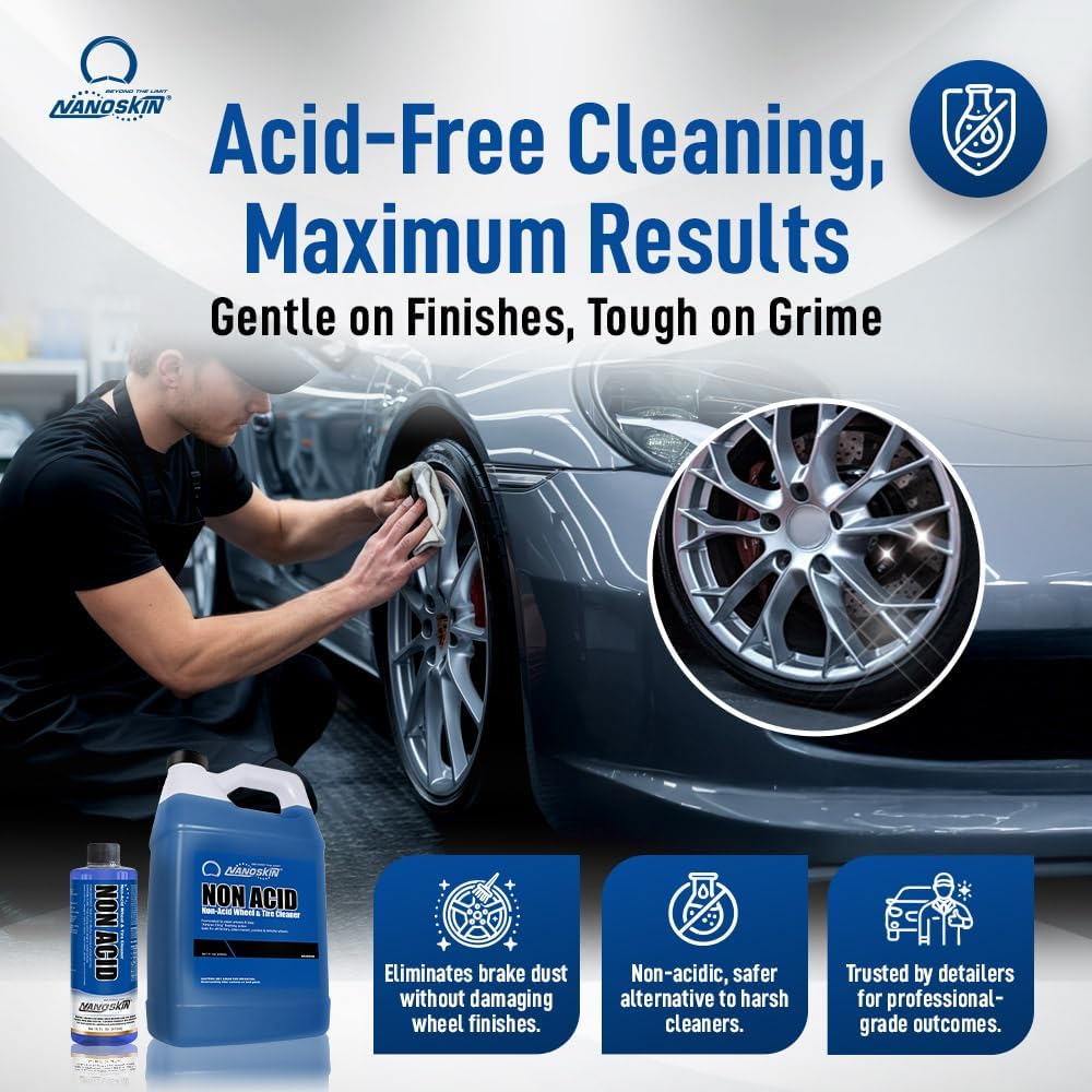 Nanoskin Non Acid Professional Wheel & Tire Cleaner 1 Gallon – Works with Brush | Car Wash Cleaning Spray for Detailing | Removes Brake Dust, Oil, Dirt, Light Corrosion