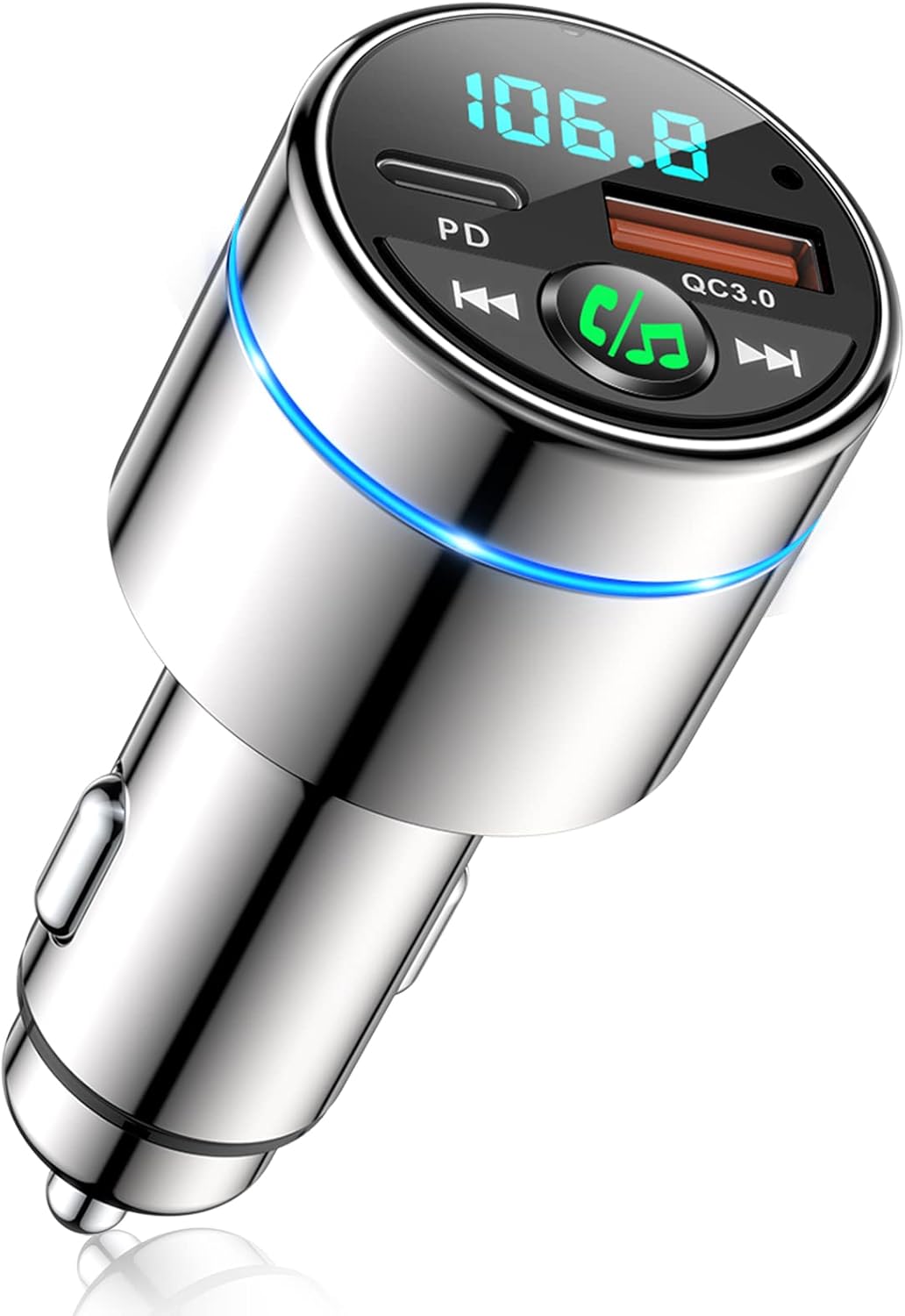 RIWUSI FM Transmitter for Car Bluetooth 5.3, [All-Metal] PD 30W & QC3.0 18W Fast Car Charger, Wireless FM Radio Kit Bluetooth Car Adapter, Noise Cancelling Hands-Free Call, Blue Light - Black