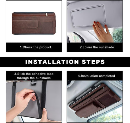 Car Sun Visor Organizer, Soft Leather Vehicle Sunshade Glasses Storage Bag with Net Zipper, Automotive Multi-Pocket Organizer for Drive License Card Glasses Document (Black)