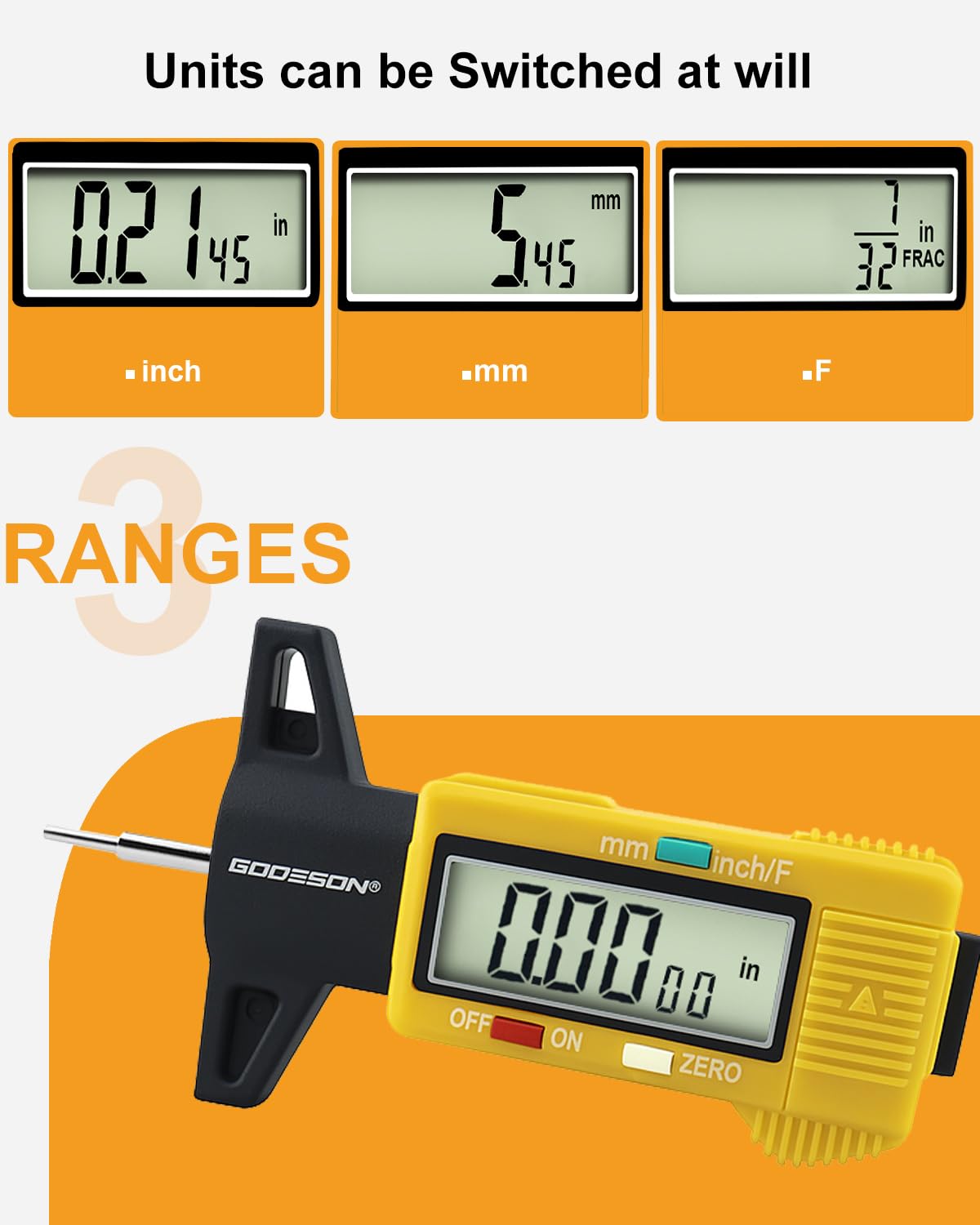 GODESON Tire Tread Depth Gauge, Digital Tire Tread Depth Gauge with 3 Modes-Fractional Inch, Decimal Inch and Millimeter, Tire Depth Gauge for Motorcycles, Cars, SUV, Easy to Read Tread Depth Gauge