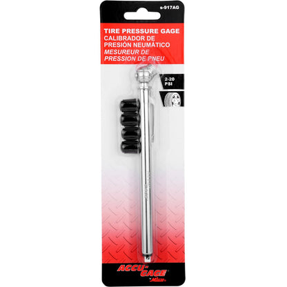 Accu-Gage Pencil Tire Pressure Gauge (2-20 PSI) Heavy Duty Stainless Steel Low Pressure Gauge Single Head Air Chuck wi/Built-in Deflator, 4 Replacement Tire Valve Caps