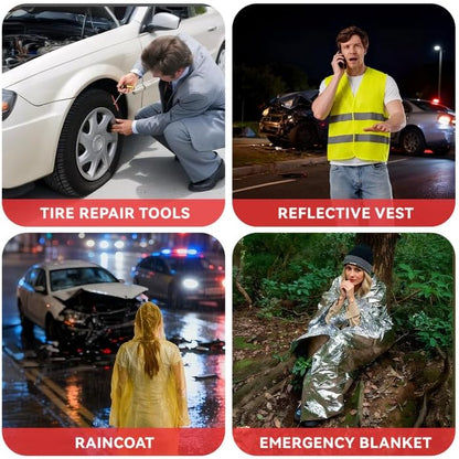 Car Roadside Emergency Kit with Battery Jumper Cables,Car Accessories for Men or Women,Automotive Safety Kit for Car,Vehicle, Truck or SUV,Gifts for Men or Him,Green