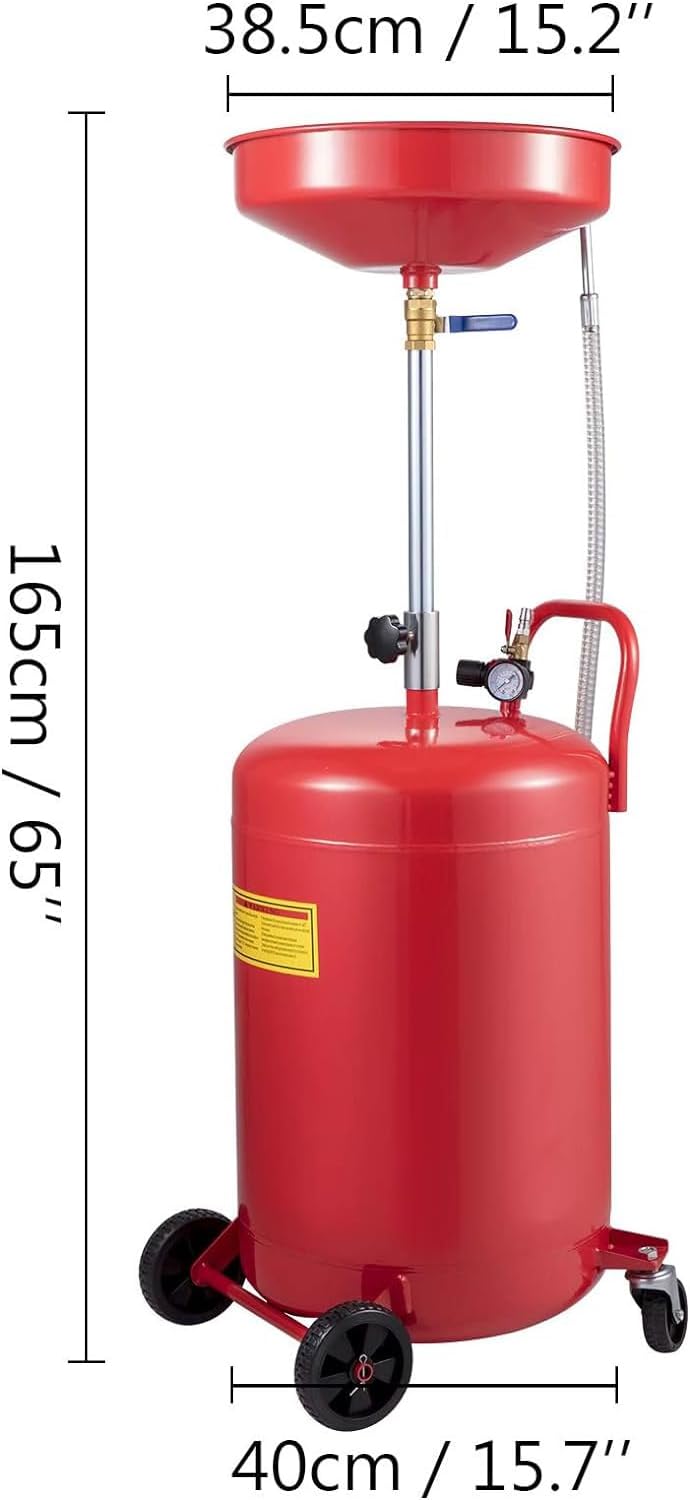 VEVOR Oil Drain Container, 20 Gallon Waste Oil Drain Tank, Portable Oil Lift Drain Pan Air Operated Drainer, Fluid Fuel Drainage Adjustable Funnel Height with Pressure Regulating Valve & Wheel
