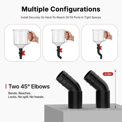 19-Piece No Spill Engine Oil Funnel Kit | 1.6QT Oil Change Kit w/ 12 Adapters, 2 Magnetic Trays, 45° Elbows, Arrow Filter & Gloves | Transparent Body w/Scale & Shut-Off Valve | Universal Fit
