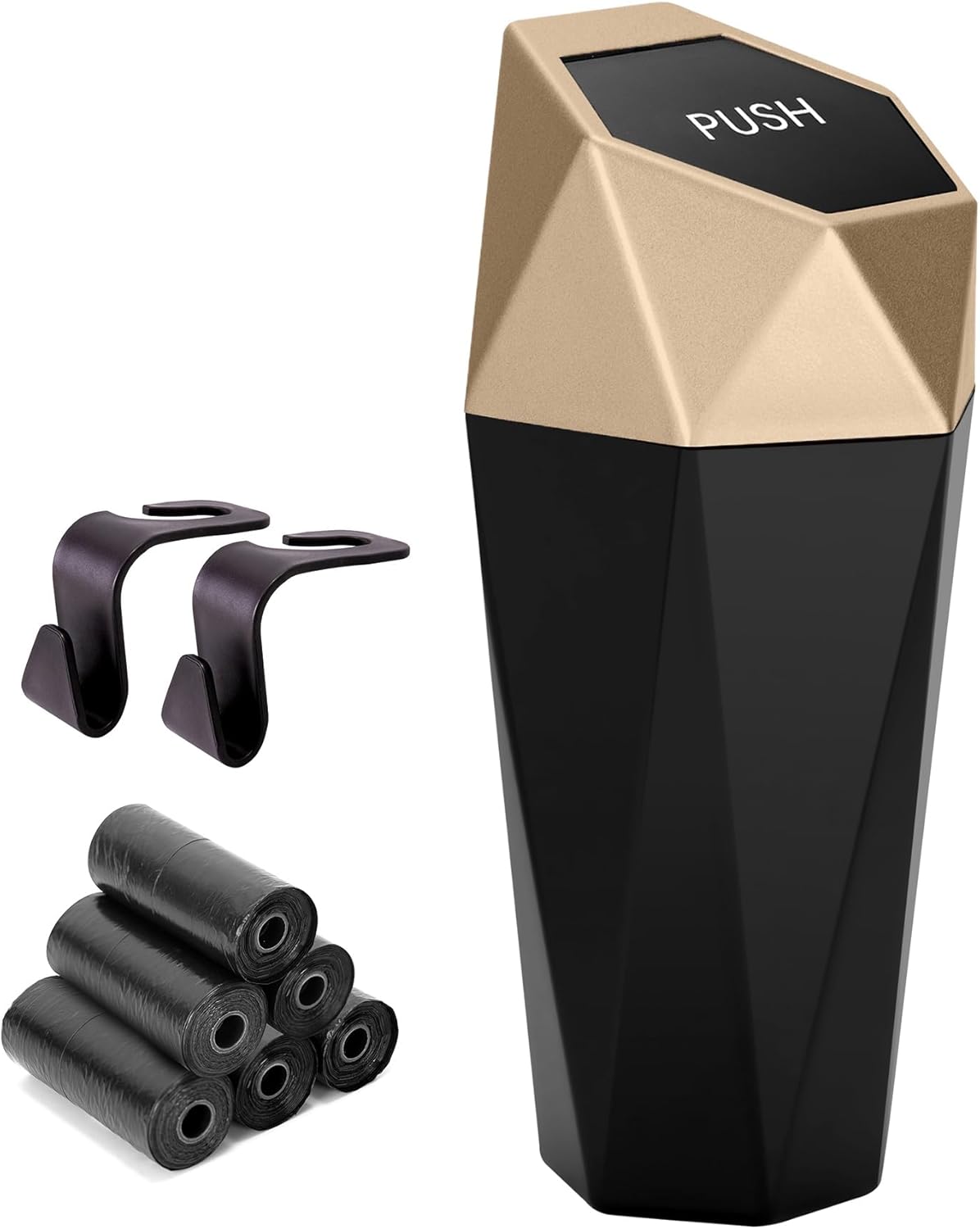 Ginsco Car Trash Can Cup Holder, 2 Pack Mini Trash Can with Lid, Car Accessories for Interior, Leakproof Small Trash Cup for Home with Additional 2 ABS Hooks and 90pcs Trash Bags Black