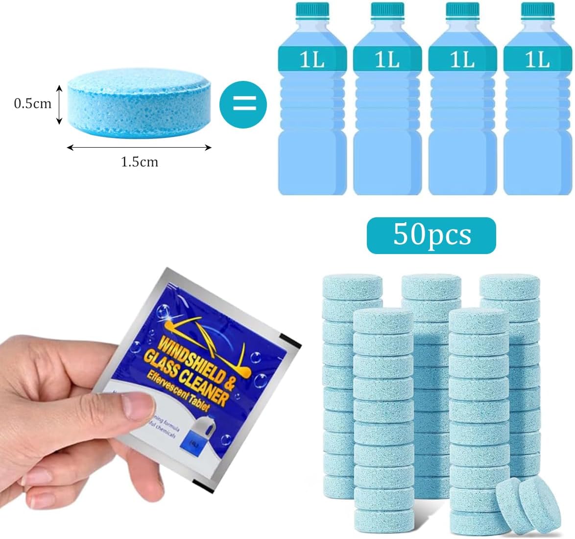 100 PCS-Car Windshield Washer Tablets, Glass Cleaner, Concentrated Effervescent Tablets, Solid Windshield Effervescent Wiper Tablet for Car Cleaning(individual packaging)