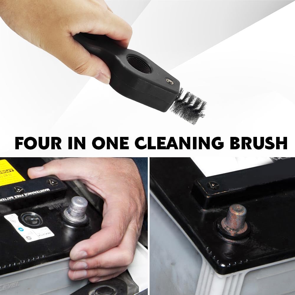 4 in 1 Car Battery Cleaning Brush, Battery Terminal Brush, Anti-Rust Auto Battery Cleaner with Steel Wire, Car Accessories Vehicle Machine Parts Cleaning Tools Fit for Auto Marine (Black)