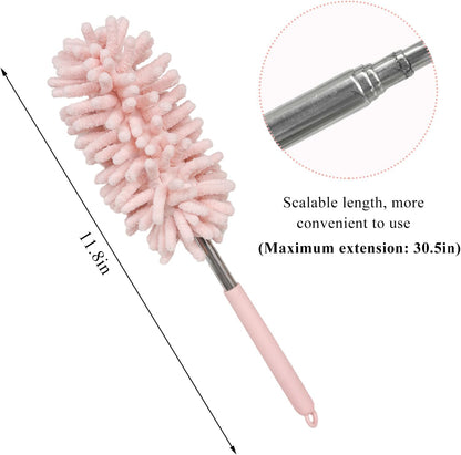 2PCS Car Interior Duster with Extension Pole, 11.8" to 30.5" Retractable Dusters Auto Dash Cleaning Tool, Soft Chenille Hand Washable Dusters for Car Window Furniture Office (Light Pink)