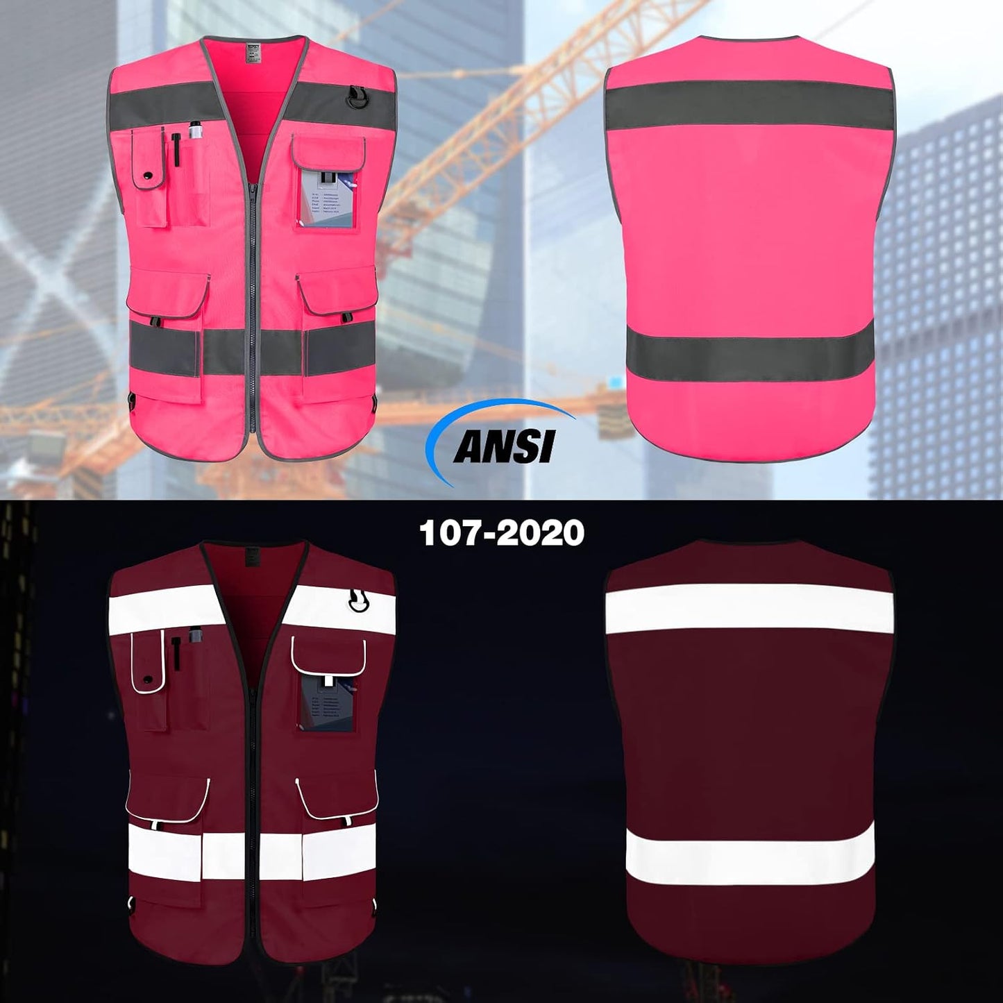 TCCFCCT Safety Vest for Men Women 9 Pockets High Visibility Vest for Safety, Reflective Work Vest with Reflective Strips, Meets ANSI/ISEA Standards, (Yellow, Large)