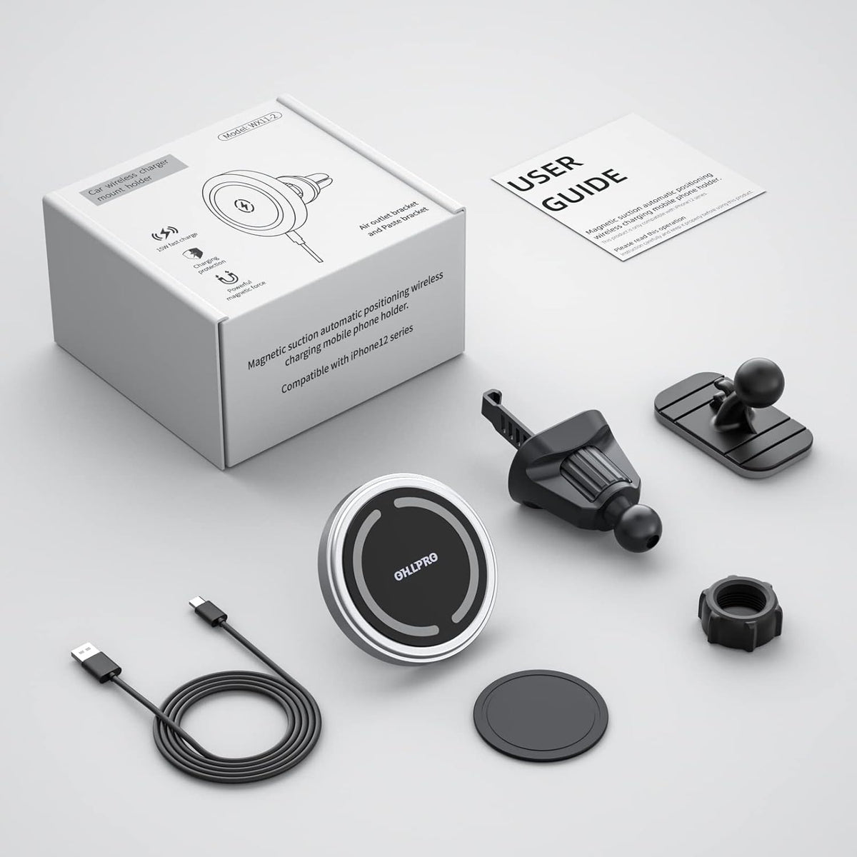 OHLPRO for MagSafe Car Mount Charger iPhone Wireless Car Charger, Stick on Dashboard Magnetic Phone Holder Mount for iPhone 17 Pro Max 16 15 14 Series, 15W Fast Charging, Aluminum Shell