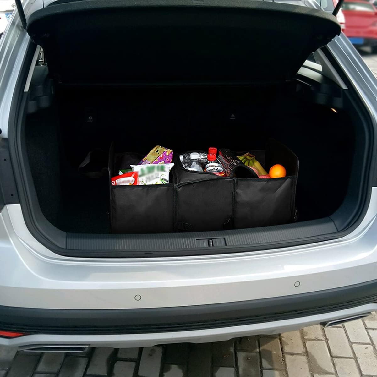 Car Trunk Organizer, Portable Foldable Waterproof Auto Storage Bag with 3 Compartments, Collapsible Cargo Trunk Groceries Organizer, Car Accessories Universal for SUV, Truck, Van, Sedan (Black2)